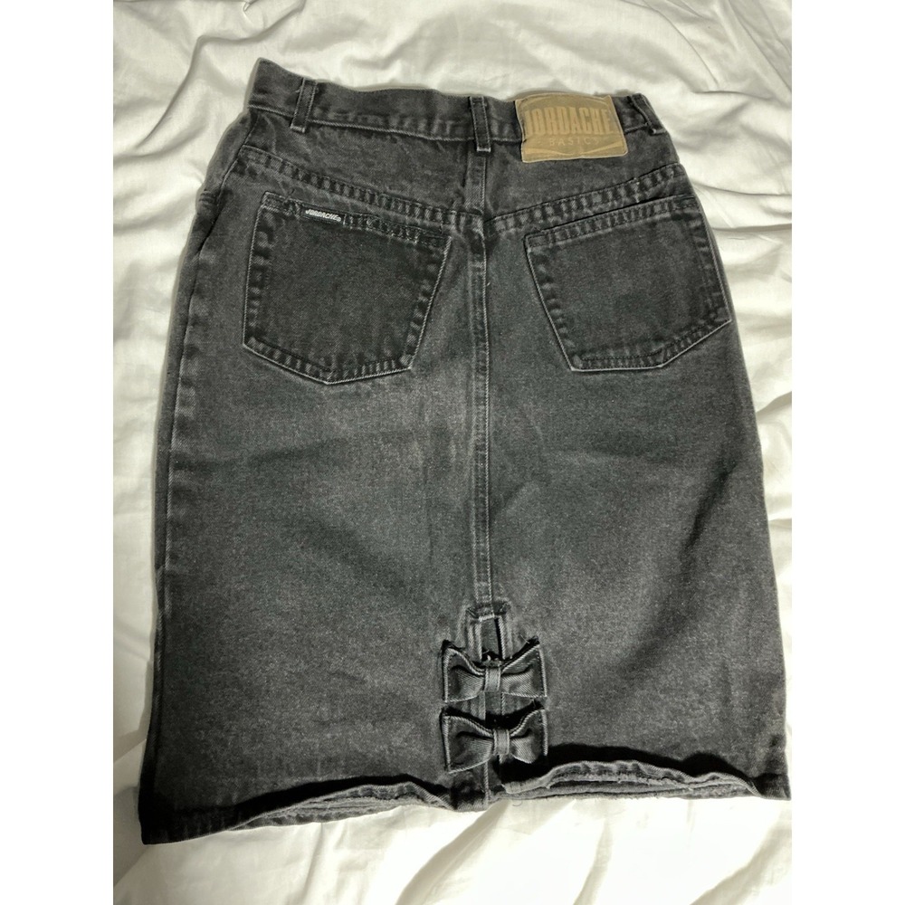 Vintage 80s Jordach Denim Jean Skirt Black Mom High Waist Bows Slit‎ Size 7
